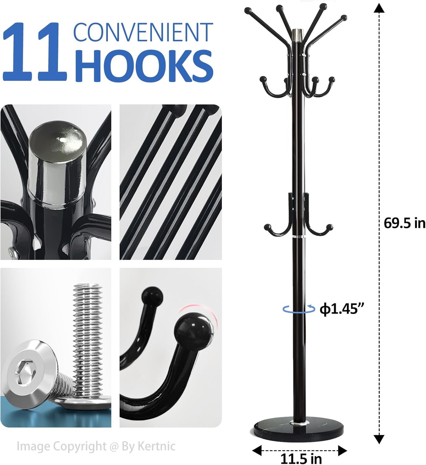 Kertnic Modern Coat Rack Freestanding with Natural Marble Base & Sturdy Metal Frame, 11 Hooks Hall Tree for Jackets, Hats, Bags, Entryway Organizer for Bedroom, Living Room, Closet (11 hooks-Black)