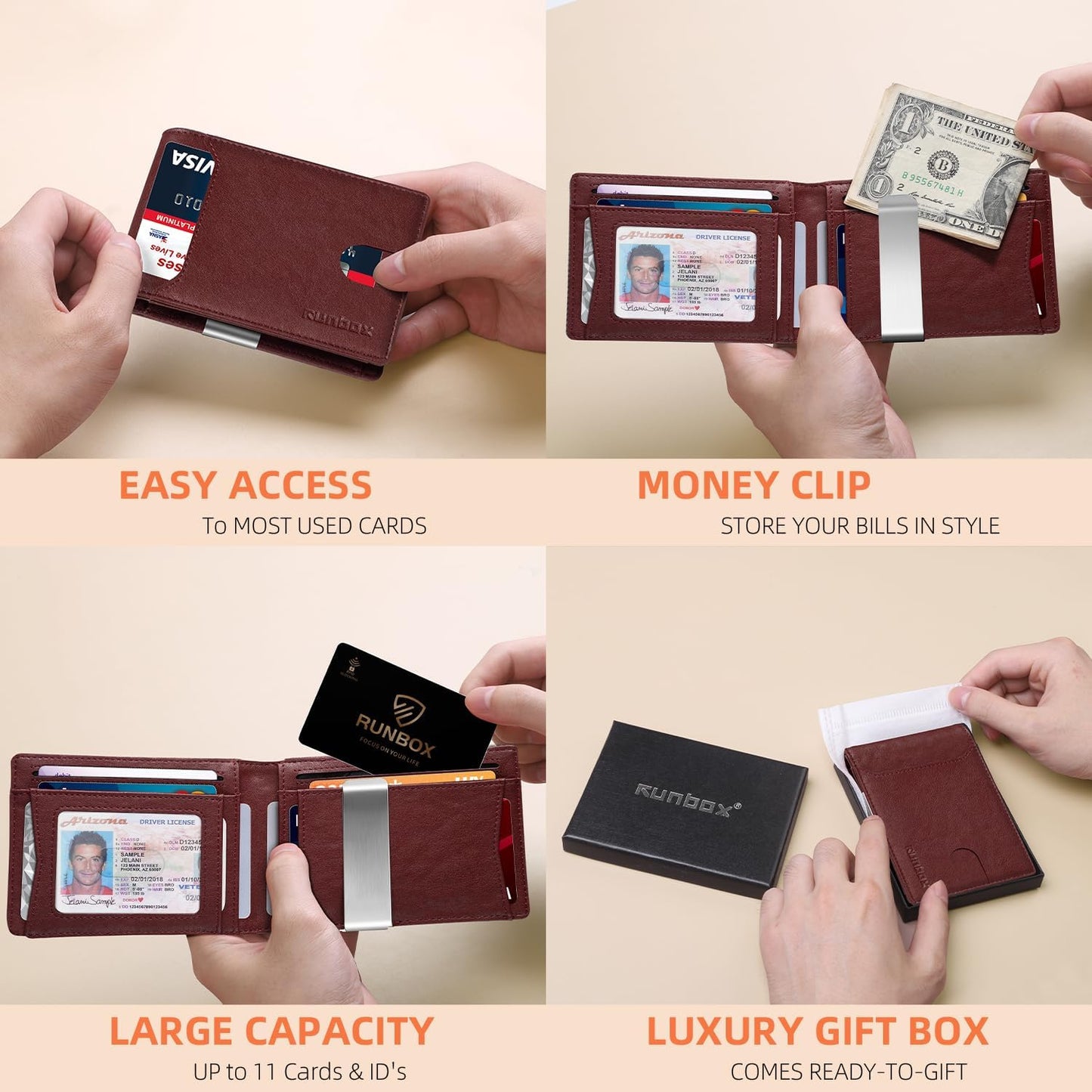 RUNBOX Slim Wallets for Men - Leather Money Clip Mens Wallet - RFID Blocking Front Pocket Bifold Wallet - Thin Credit Card Holder with Gift Box