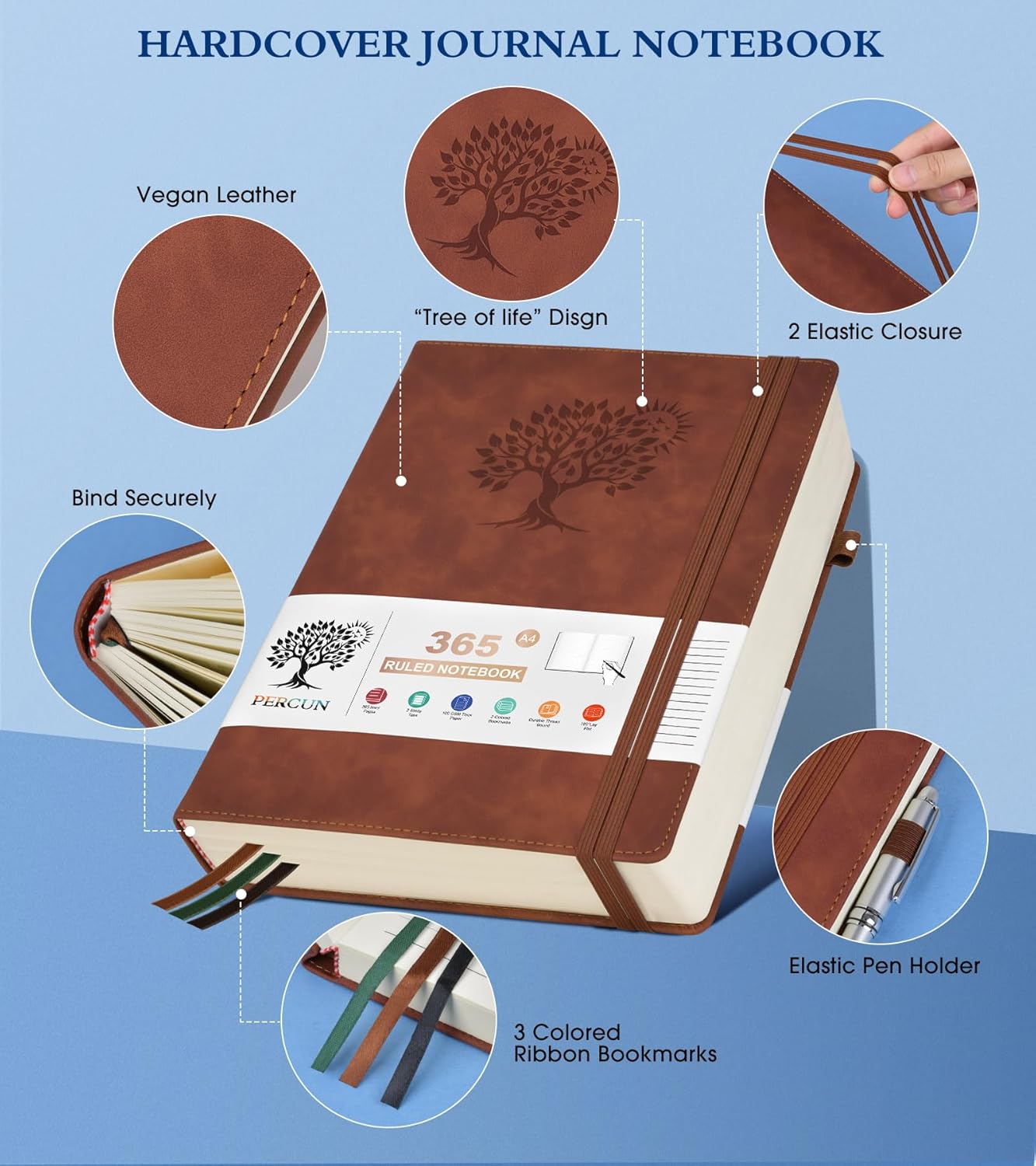 A4 Lined Journal Notebook，365 Page Large Leather Journals for Writing Women Men，Hardcover Notebook with 100Gsm Thick Pages for Travel，Work，School，College Ruled, Daily Diary (8.5" x 11.4")