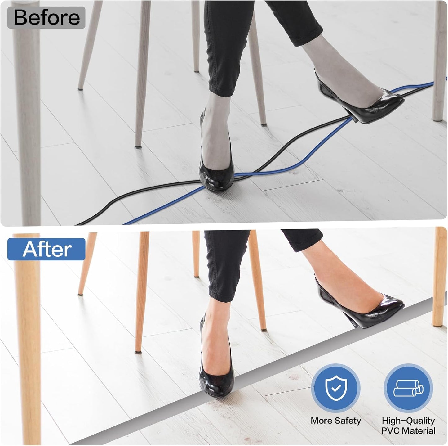 Floor Cord Cover Self Adhesive Cord Hider Floor Extension Cord Covers for Floor Power Cord Protector Cable Management Prevent Cable Trips Cable Cavity 0.32" W x 0.32" H (Grey, 10Ft)