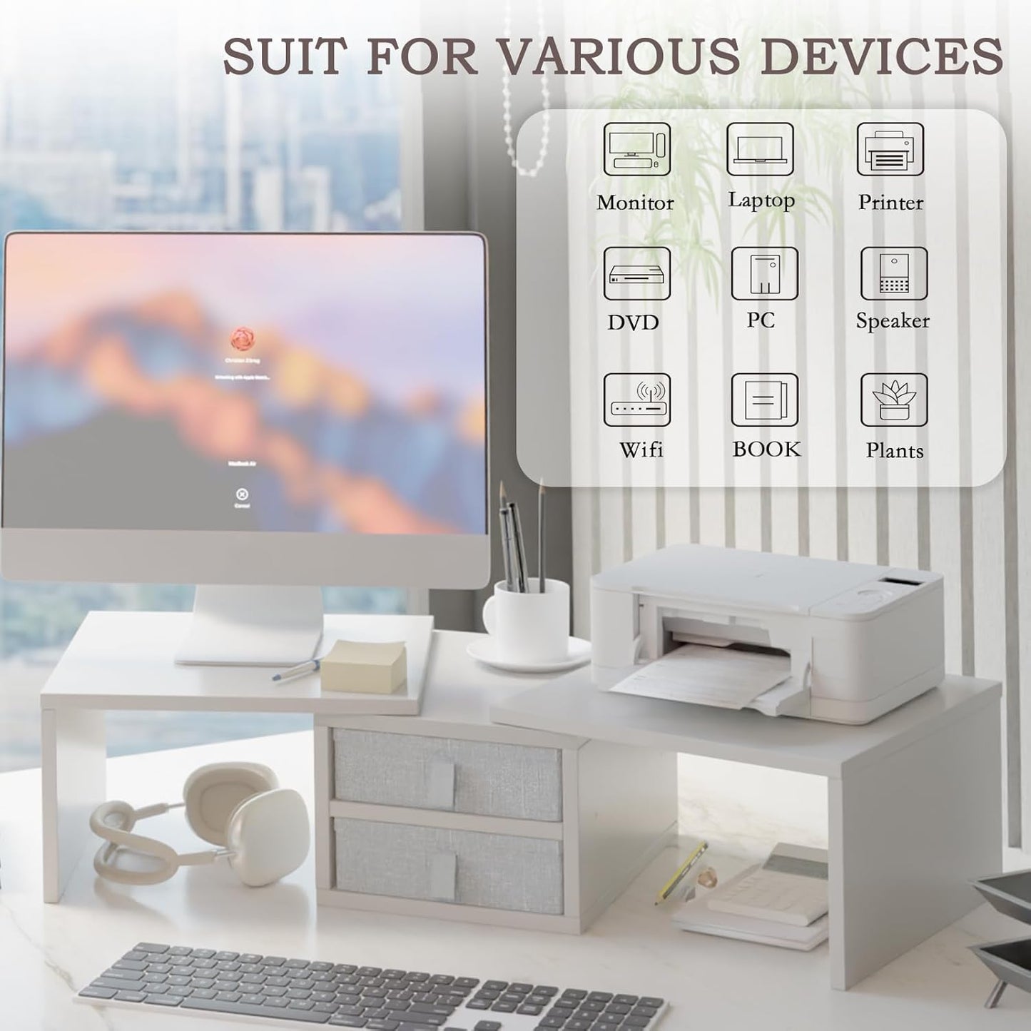 TEAMIX Dual Monitor Stand Riser with 2 Drawers - Length and Angle Adjustable White Monitor Stand with Storage Large Computer Riser for 2 Monitors/Laptop/PC, Wood Screen/TV Stand Desk Organizer