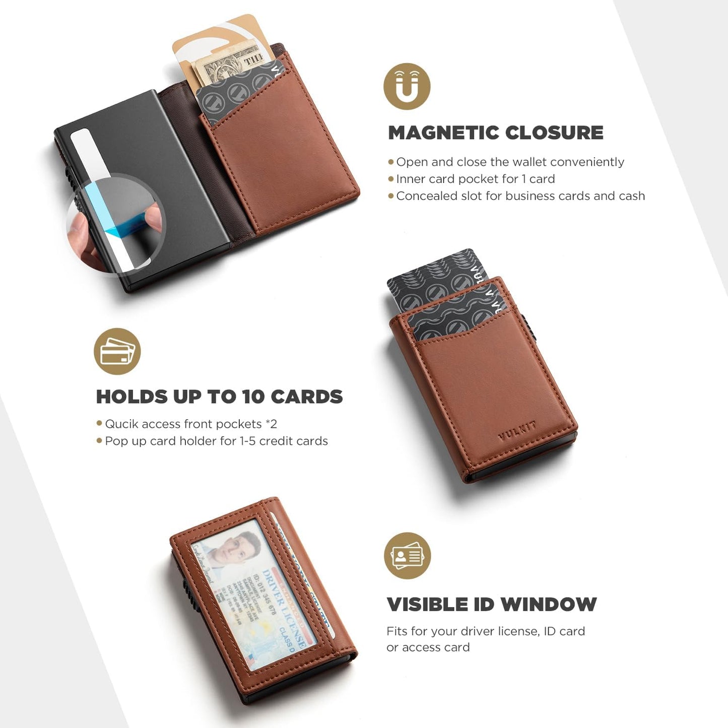 VULKIT Men's Wallet with ID Window Premium Leather Wallets RFID Blocking Minimalist Wallet Pop Up Card Holder Magnetic Closure