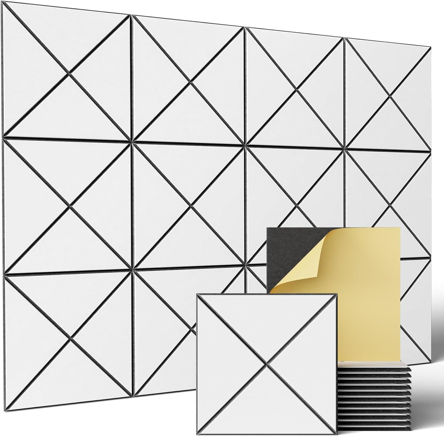 Sonicism 12 Pack X-Lined Acoustic Panels with Self-Adhesive, 12" X 12" X 0.4" Sound Proof Foam Panels, Decorative Soundproof Wall Panels, Sound Absorbing Tiles for Home & Offices (BlackBase+WhiteFace)