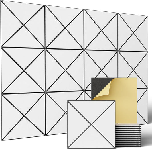 Sonicism 12 Pack X-Lined Acoustic Panels with Self-Adhesive, 12" X 12" X 0.4" Sound Proof Foam Panels, Decorative Soundproof Wall Panels, Sound Absorbing Tiles for Home & Offices (BlackBase+WhiteFace)