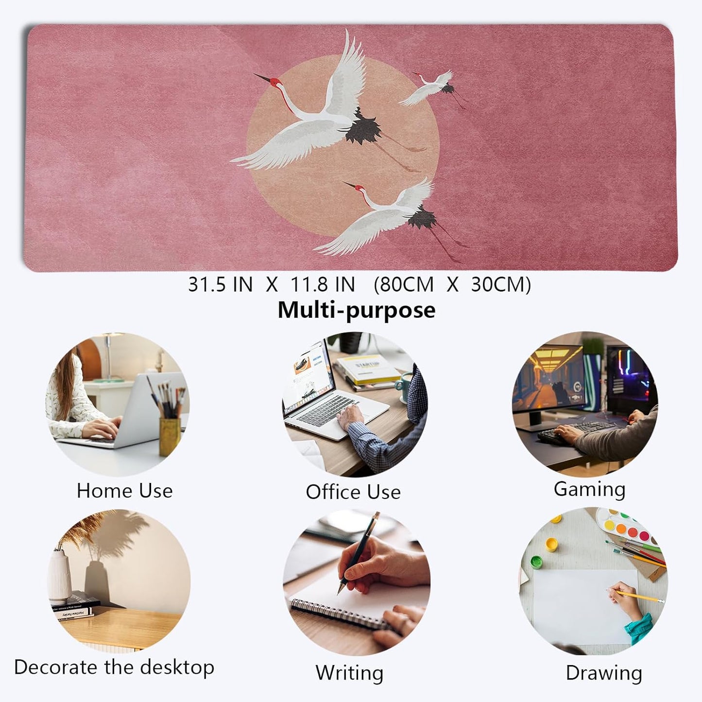 Retro Chinese Style Mouse Pad,Vintage Japanese Style Desk Pad,XL Large China Red Crowned Crane Laptop Desk Mat,Girly Pink Gaming Computer Pads,Girly Desk Mat For Home Office Dorm,31.5x11.8Inch