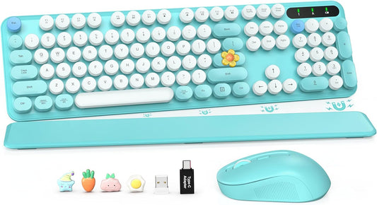Wireless Keyboard and Mouse Combo, Full-Size Retro Typewriter Keyboard with Detachable Wrist Rest, Round Keycaps, Sleep Mode & Tilt Legs, 2.4GHz Cordless Connection for Windows/PC (Robin Egg Blue)