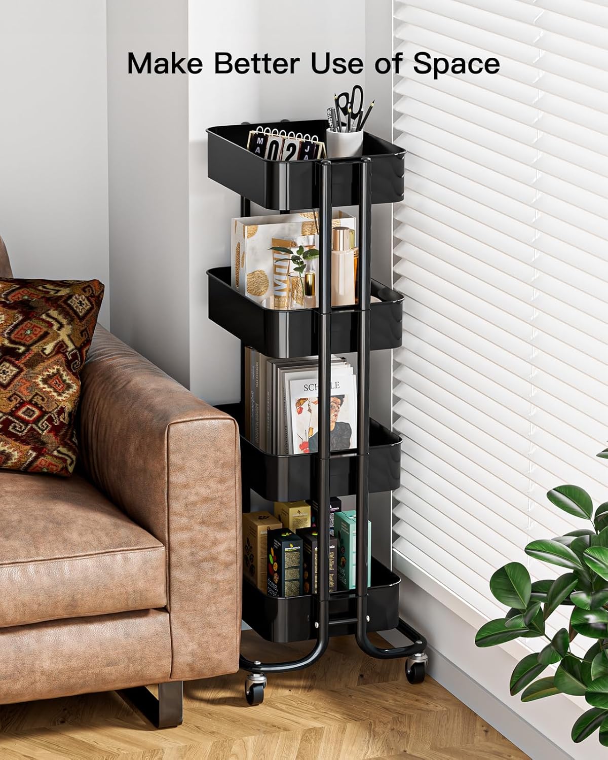 Pipishell 4 Tier Metal Rolling Utility Cart, Heavy-Duty Storage Rolling Cart with 2 Lockable Wheels, Multifunctional Mesh Organization Utility Cart for Kitchen Dining Room Living Room, PIUC13B