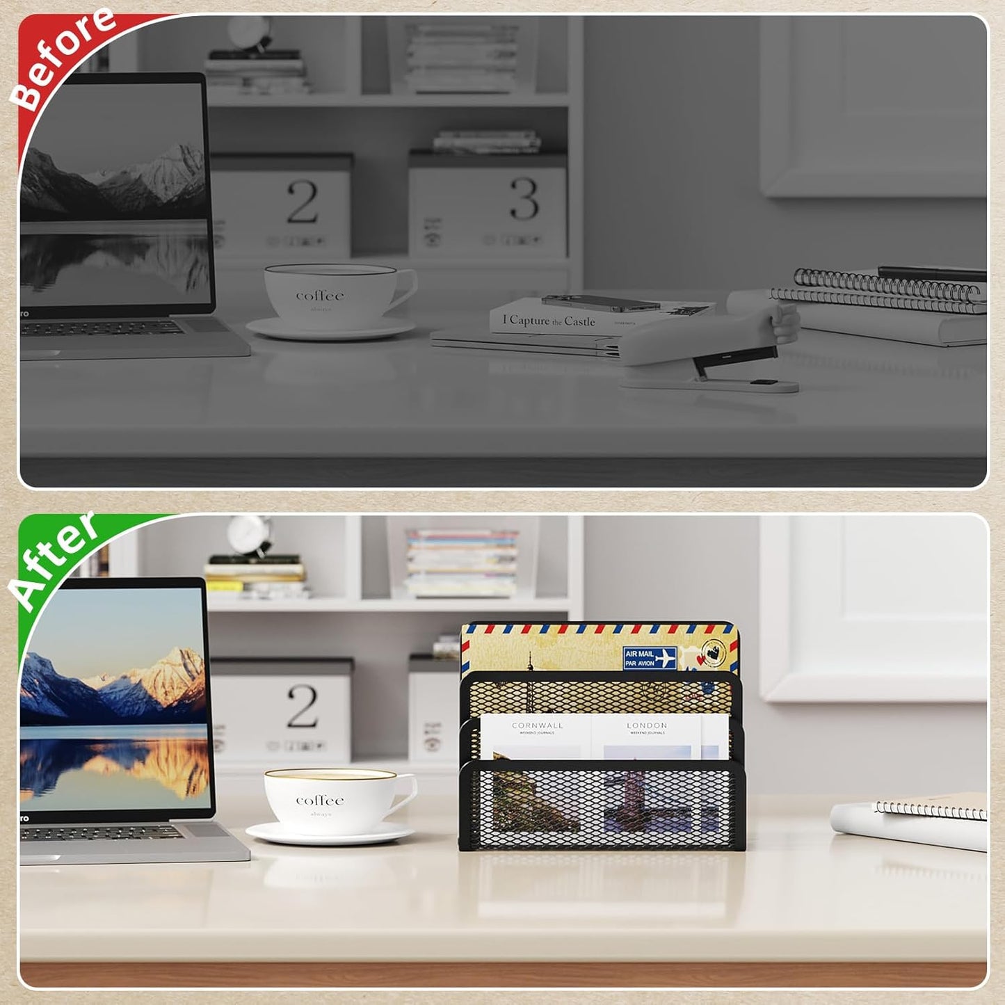 Marbrasse Mail Organizer for Desk, 3-Slot Mesh Metal Mail Holder countertop, Letter Holder, Office Desktop Envelope and Document Storage Rack (Black)