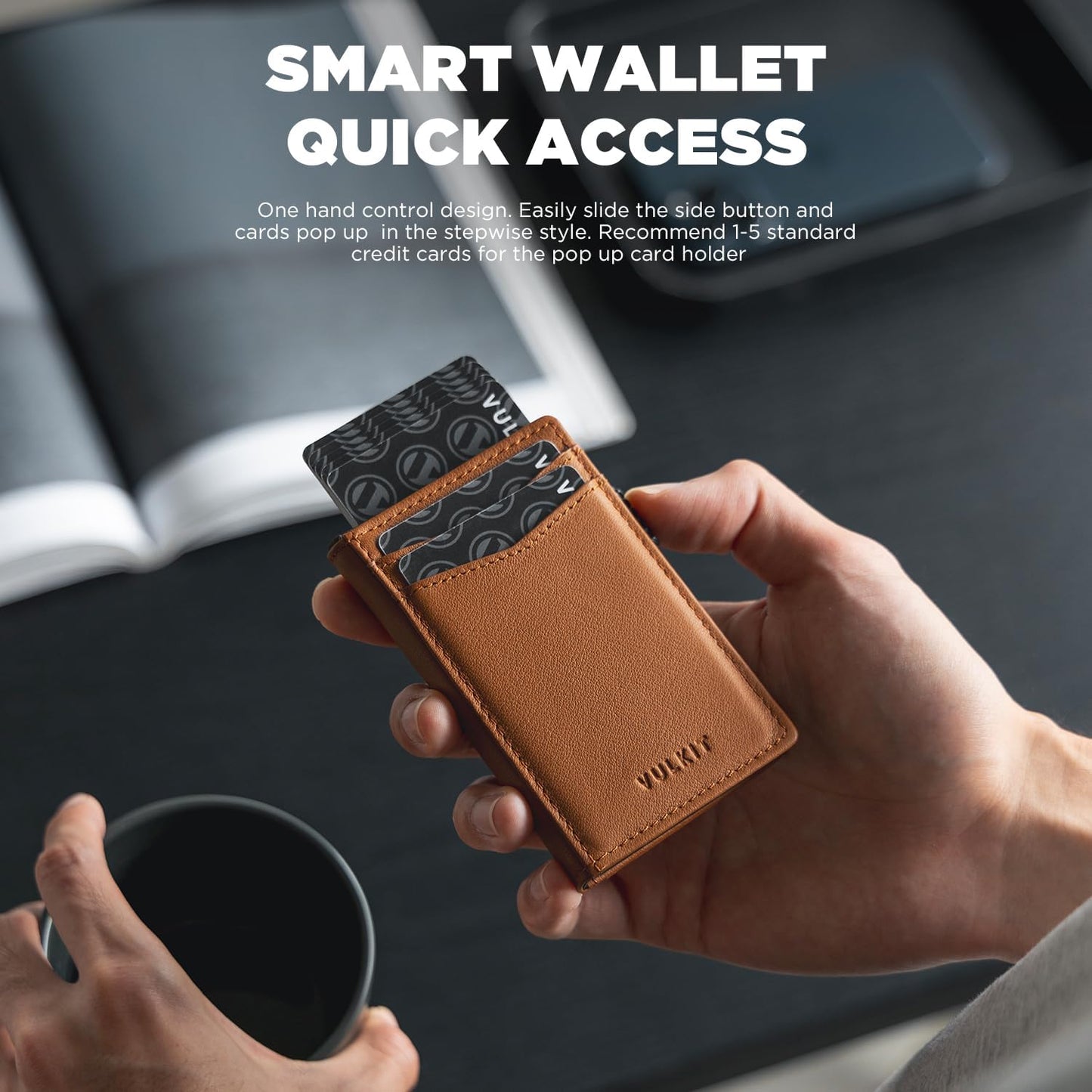 VULKIT Men's Wallet with ID Window Top Grain Leather RFID Blocking Minimalist Wallet Pop Up Card Holder Magnetic Closure