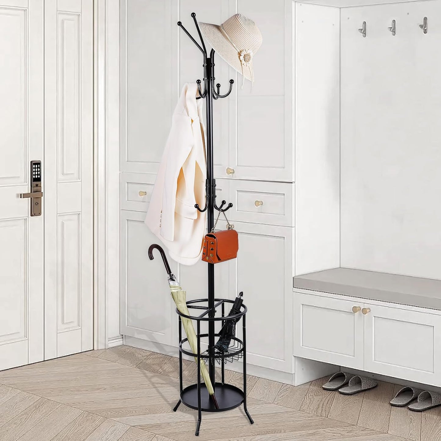 Metal Freestanding Coat Rack Stand with Umbrella Holder, 12 Hooks Coat Tree Black Modern Coat Hanger Stand for Coats, Hats, Scarves and Handbags for Entryway, Hallway, Bedroom, Office