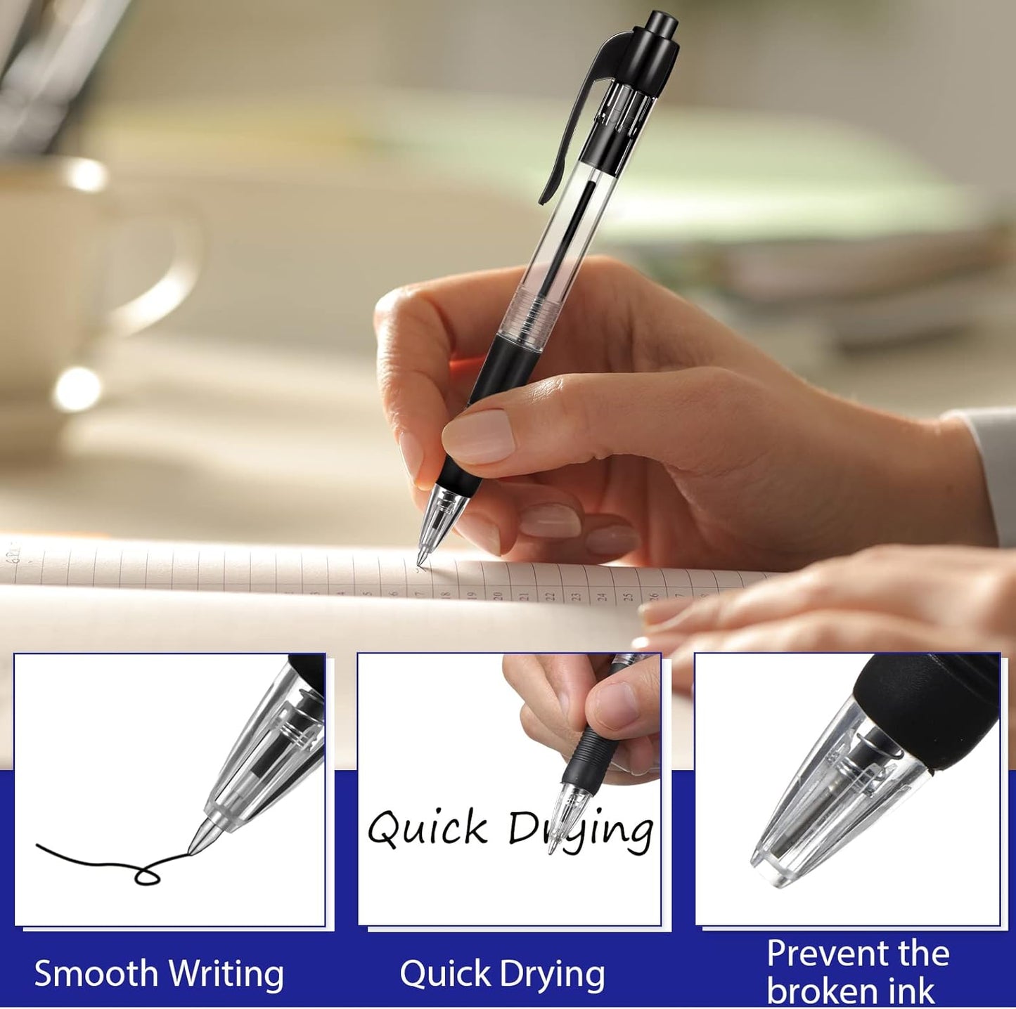 Fainne 200 Pack Retractable Ballpoint Pen 1.0 mm Medium Point Refillable Smooth Click Writing Pens With Grip for Work Journal Writing Office School Supplies(Black Ink, Blue Ink)