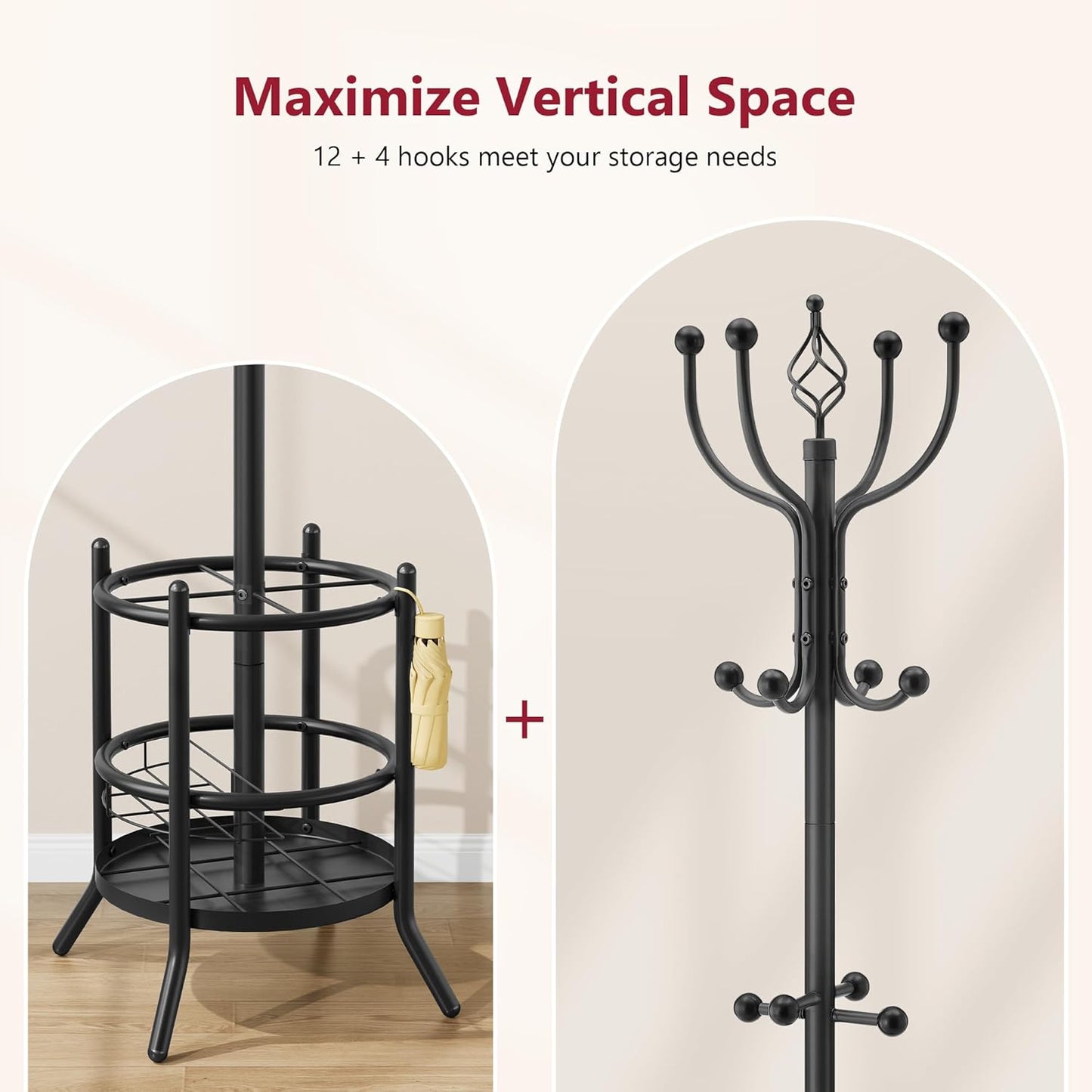 Tajsoon Coat Rack Stand with Umbrella Holder, Coat Tree Freestanding with 16 Hooks, Coat Hangers Stand for Living Room, Bedroom, Office, Black