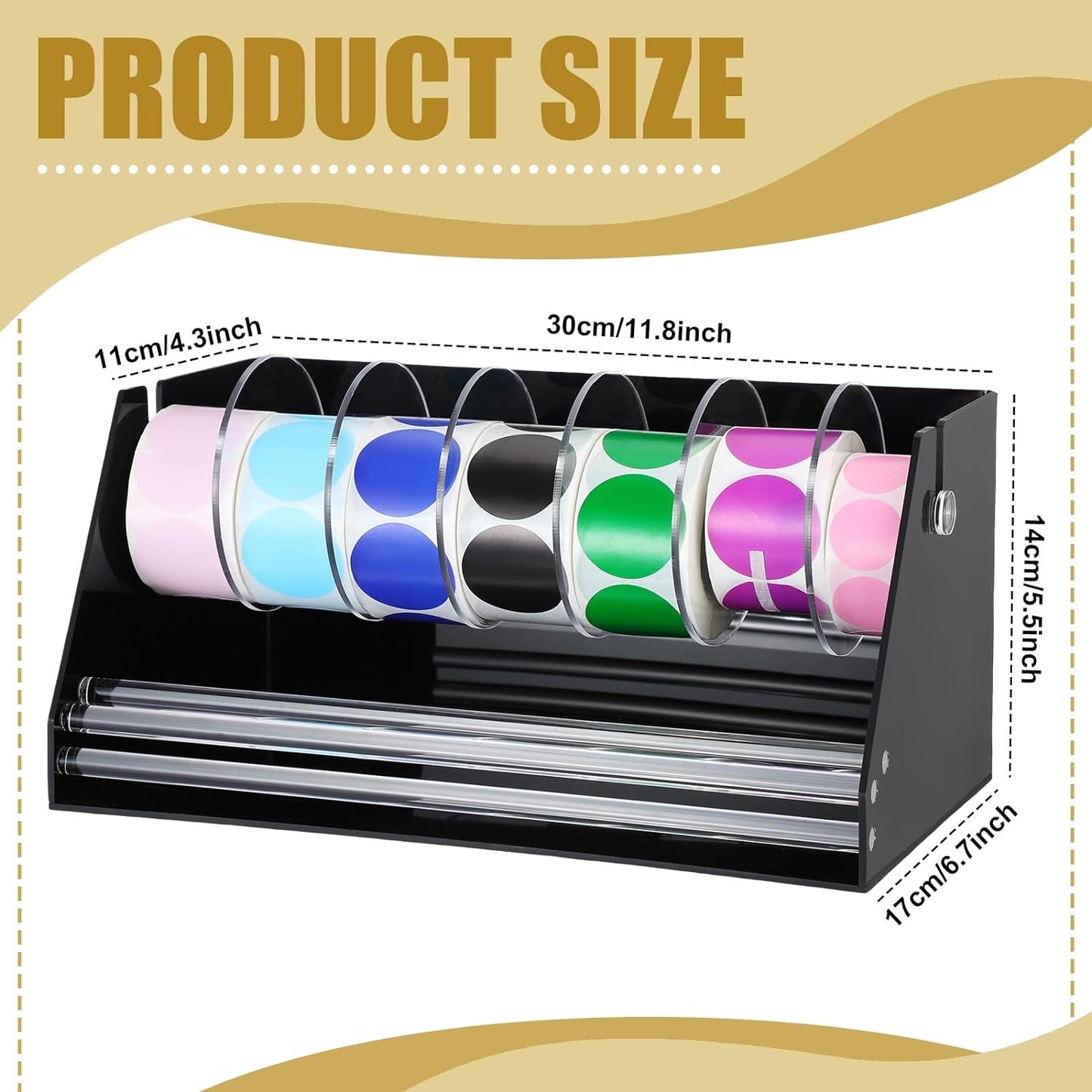 Adjustable Label Dispenser Acrylic Sticker Roll Dispenser Label Roll Holder Multi Use Sticker Holder Organizer Stand for School Gifts and Home Office Desktop(7 Disks)