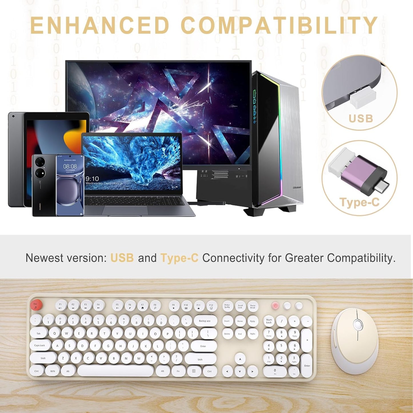 Wireless Keyboard and Mouse Combo, Ergonomic Full Size Typewriter Retro Round Keycaps Keyboard, Compatible with Windows, PC, Perfer for Home and Office Keyboards (Beige