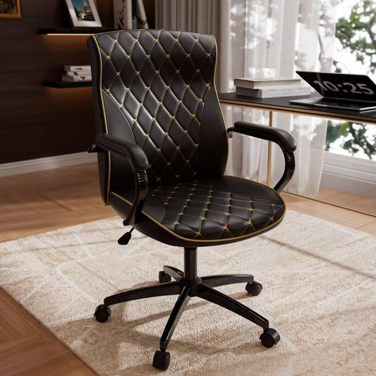 Black Office Chair with Soft Leather Embroidery, Mid Back Vintage Swivel Executive Desk Chair with Wheels and Padded Arms, Adjustable Height