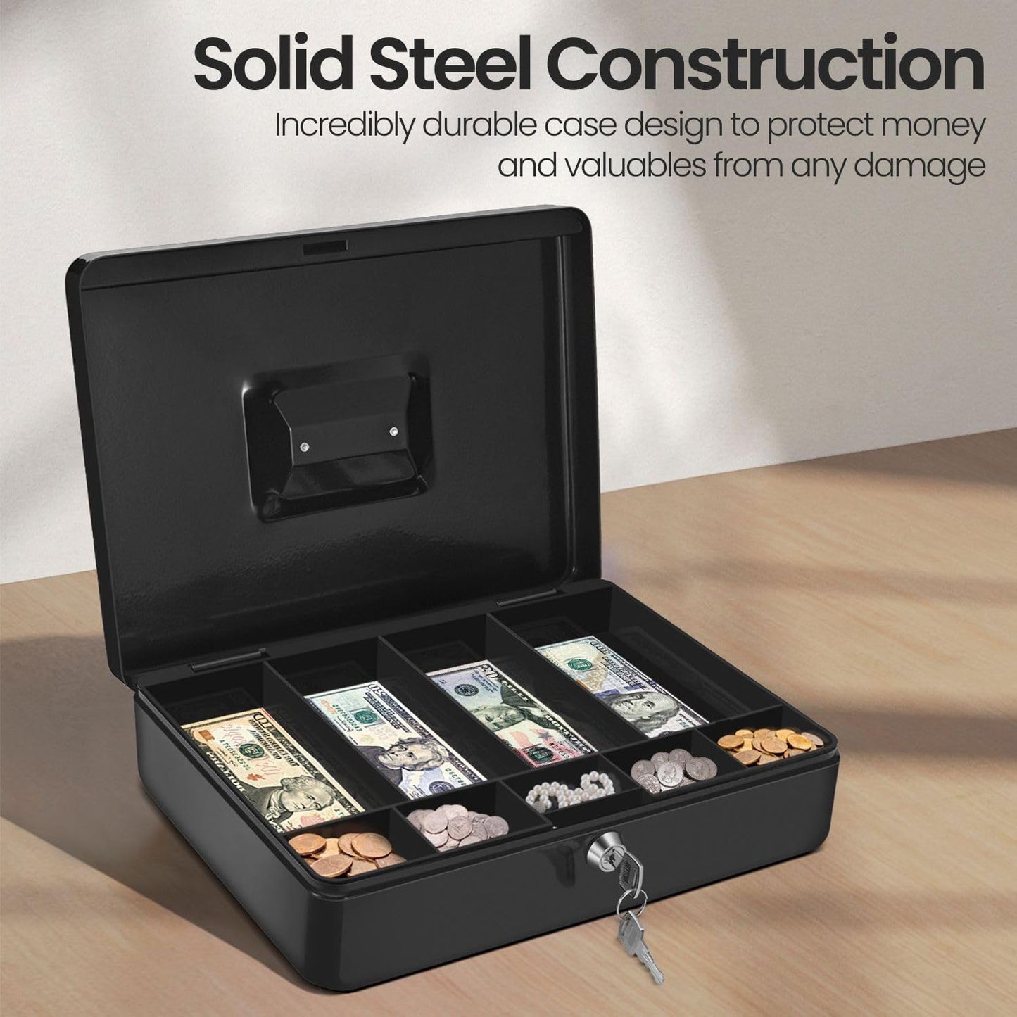 Flexzion Cash Box with Money Tray and Lock - Metal Cash Box for Small Businesses, 9-Compartment Black Money Box with Removable Tray and Key, Portable Storage for Checks and Coins