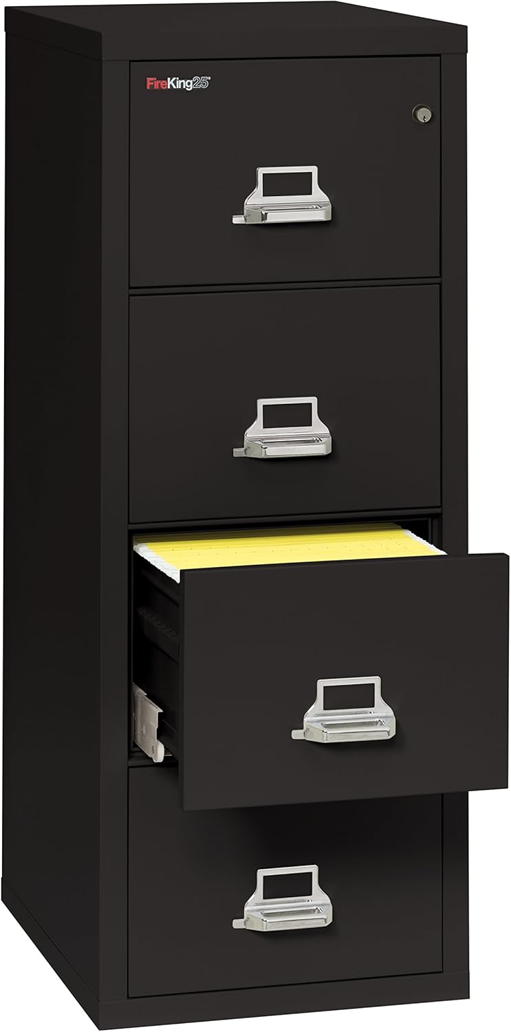 FireKing Fireproof Vertical File Cabinet (4 Letter Sized Drawers, Impact Resistant, Waterproof), 52.25" H Black, 18 W x 25 D, (41825CBL)