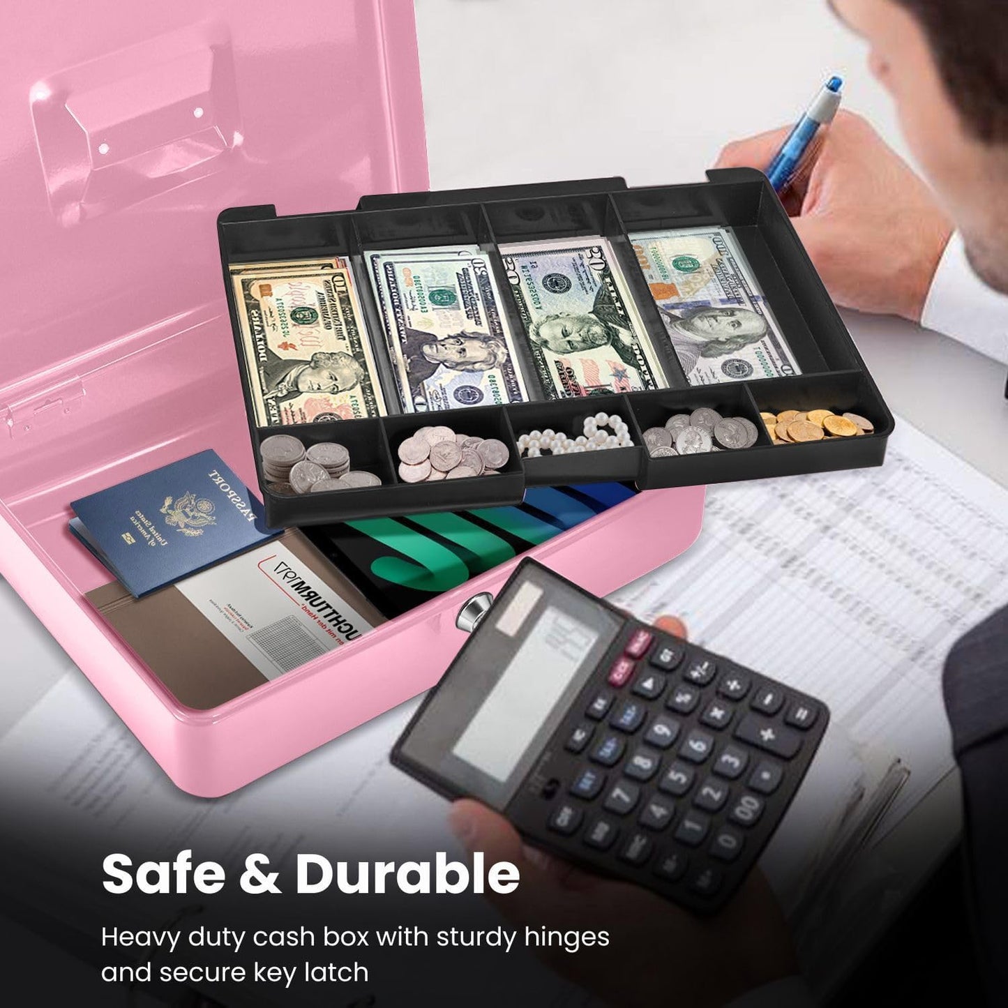 Flexzion Cash Box with Money Tray and Lock - Metal Cash Box for Small Businesses, 9-Compartment Pink Money Box with Removable Tray and Key, Portable Storage for Checks and Coins