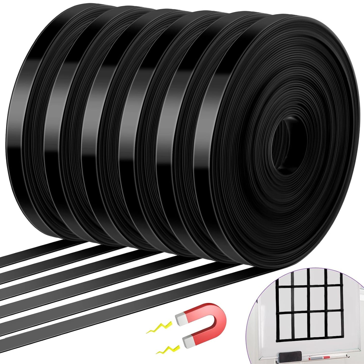 6 Rolls Magnetic Tape Roll Thin Strips, 33 ft Magnetic Whiteboard Graphic Decorative Tape Marking Line Magnet Board Dividers for Classroom Office Art Accessories(Black,0.39 Inch)