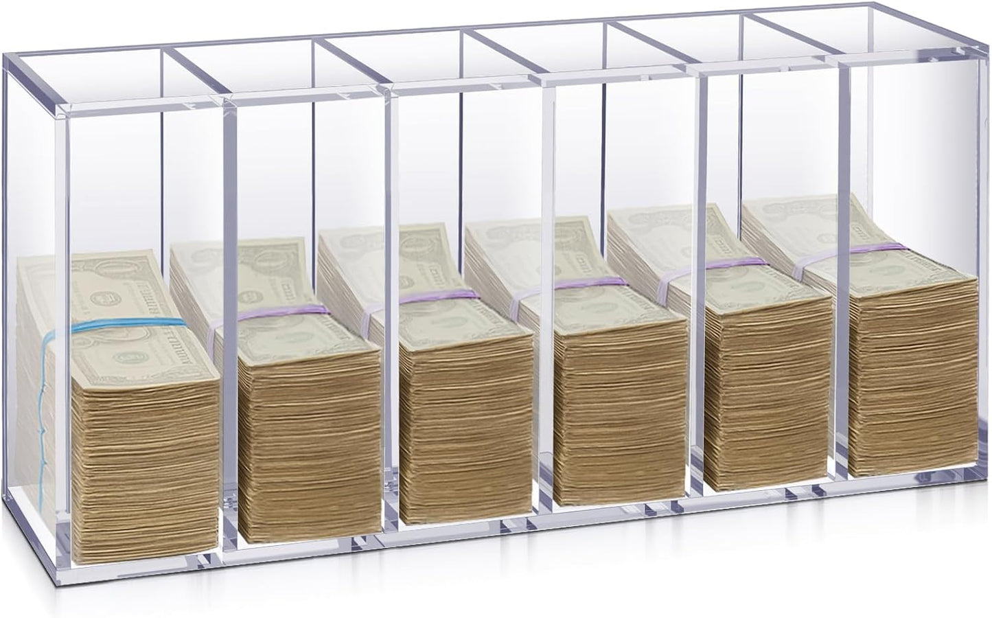 Leinuosen 25" x 12" x 7" Extra Large Clear Currency Tray with 6 Pocket Acrylic Cash Organizer Money Bill Storage Box for Bank Casinos Pharmacies