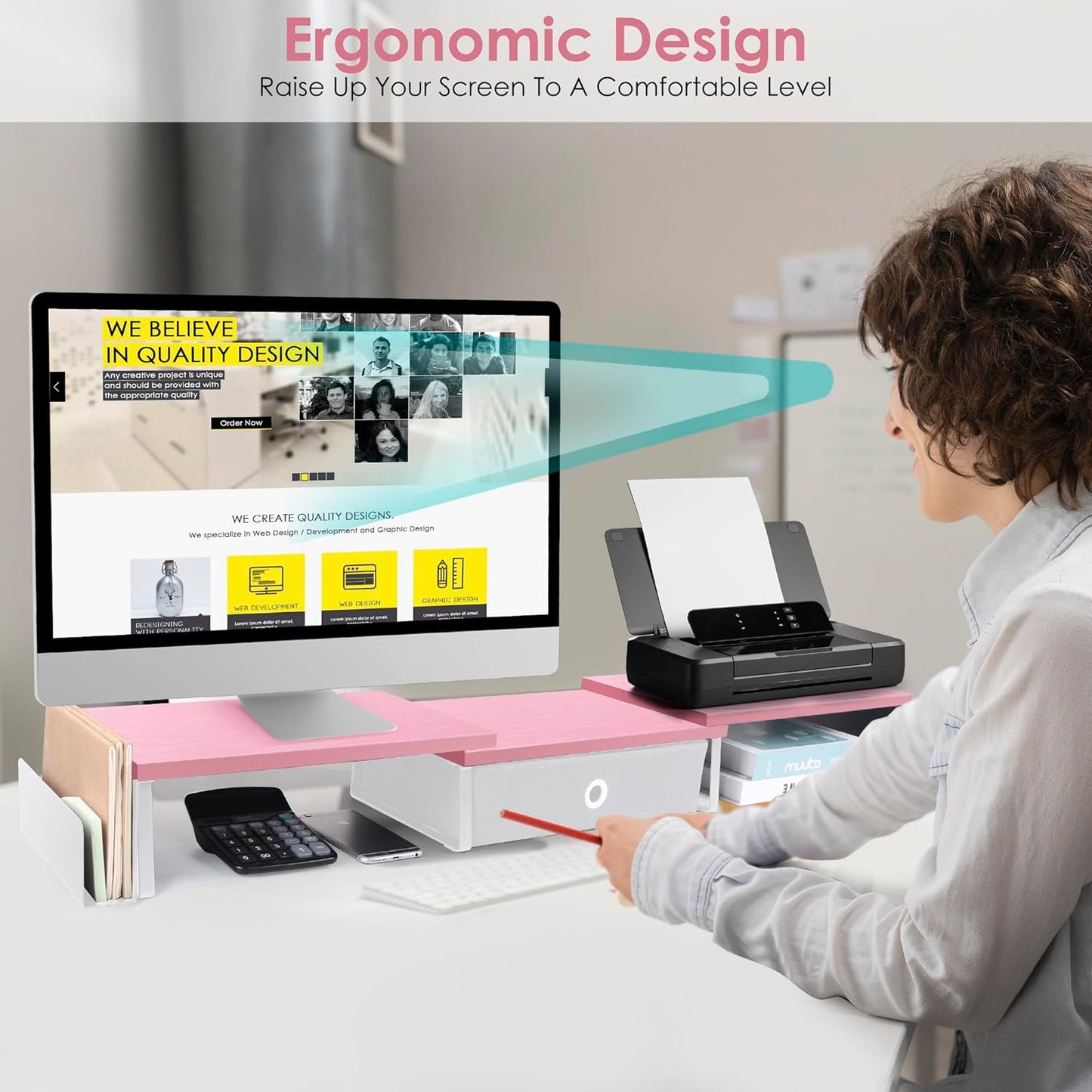 Dual Monitor Stand Riser With Drawer & Metal Leg, Large Desk Shelf For 2 Monitors w/ Adjustable Length & Angle, Desktop Organizer For Laptop/TV/Printer