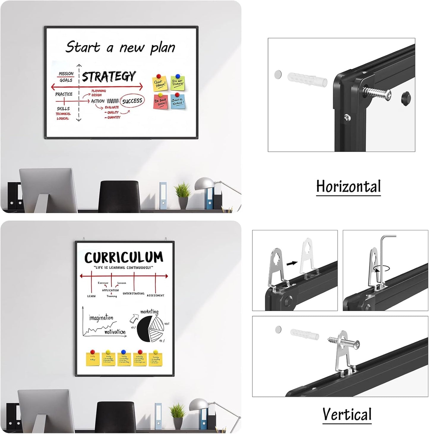 Magnetic Dry Erase Whiteboard 48 x 36 Inch - 4 x 3 Large White Board, Black Aluminum Frame Wall-Mounted, Magnetic Eraser, 2 Pen, Detachable Marker Tray, 6 Magnets for Office, School