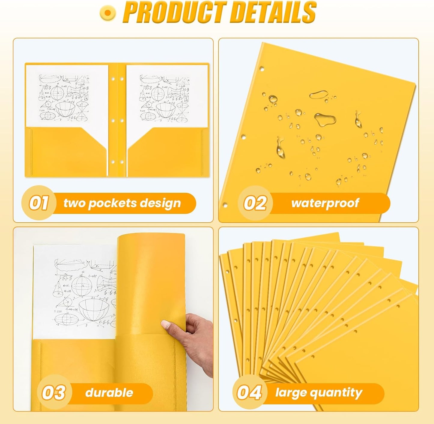 Yeaqee 100 Pcs Plastic Folders with Pockets Bulk 3 Hole Punched 2 Pocket File Folders for 3 Ring Binder Divider Folder for Notebooks, Durable Poly for Office Home (Yellow)
