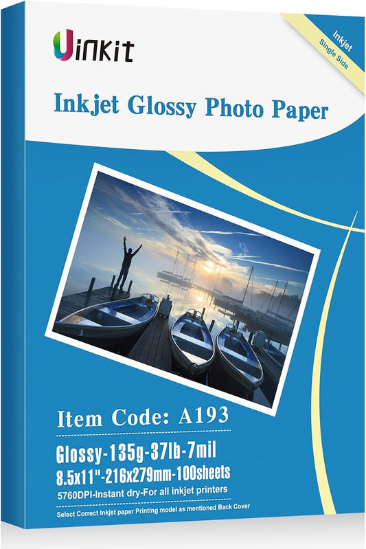 Uinkit 37lb Thin Flyer Paper Glossy 8.5x11 Inkjet 100 Sheets Single Side DIY Chip Bag 135gsm Printer Picture for Inkjet Printer with Dye Ink Letter size A4 Brochure (8.5X11X100)