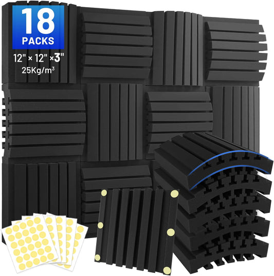 18 Pack Curved Acoustic Foam Panels 3" x 12" x 12" Sound Proof Foam Panels Soundproofing Noise Cancelling Wedge Panels for Home Office Recoding Studio with 150 PCS Double-Side Adhesive