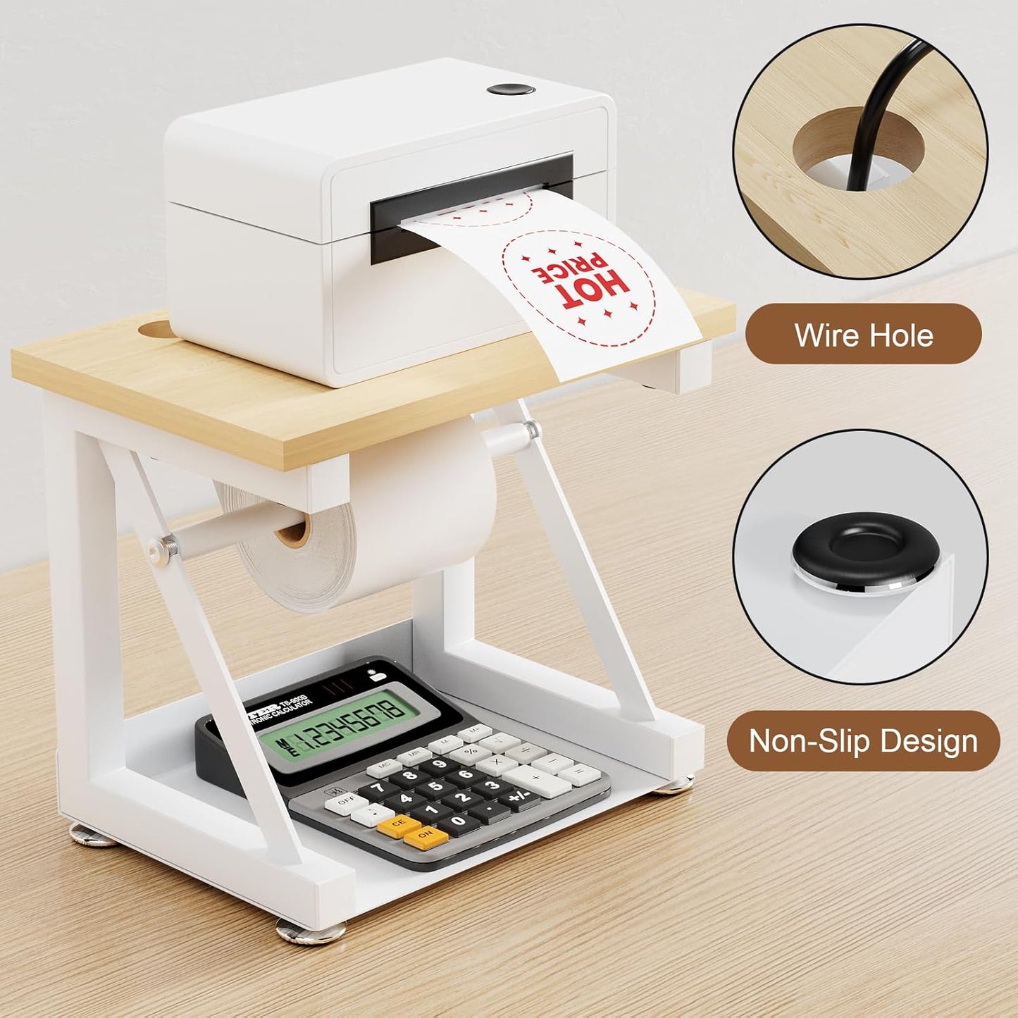 Label Holder for Rolls and Fan-fold Labels, Wooden Thermal Label Holder for Thermal Printer, Stand Desktop Printer Accessory Supplies for Home, Office, Small Business (White)