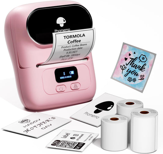 Phomemo M110 Label Maker Machine- with 3 Label Bluetooth Label Maker for for Business Labeling, Barcode, Office, Cable, Retail, with Fonts Choose, Icons, Templates, Pink