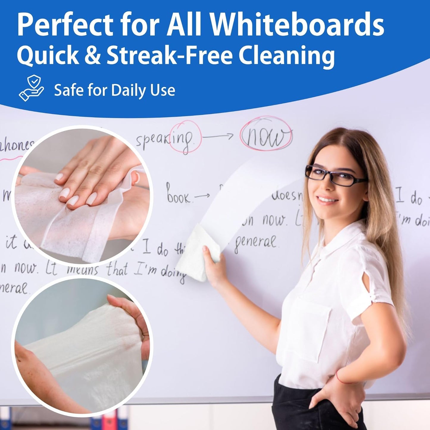 EXTRIC Whiteboard Cleaning Wipes, 150 Count Dry Erase Wipes Pre-Moistened, Non-Toxic, Low Odor White Board Cleaner 75 Per Canister + 75 Refill Pack Ideal for Classroom, School, Office