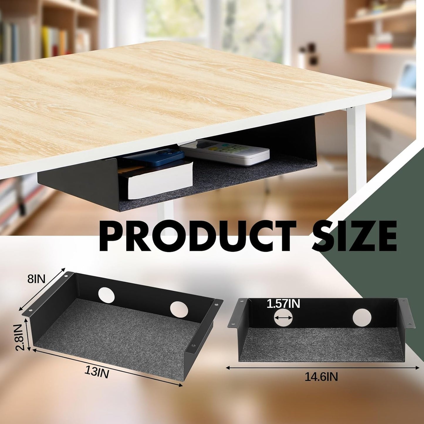 2 Pack Under Desk Storage Shelf, Carbon Steel Under Desk Tray with Mute Felt Sheets, Mount Shelf Organizer for Office Home Workstation Gaming Desk Stand up Desk, 13x8x2.8 in