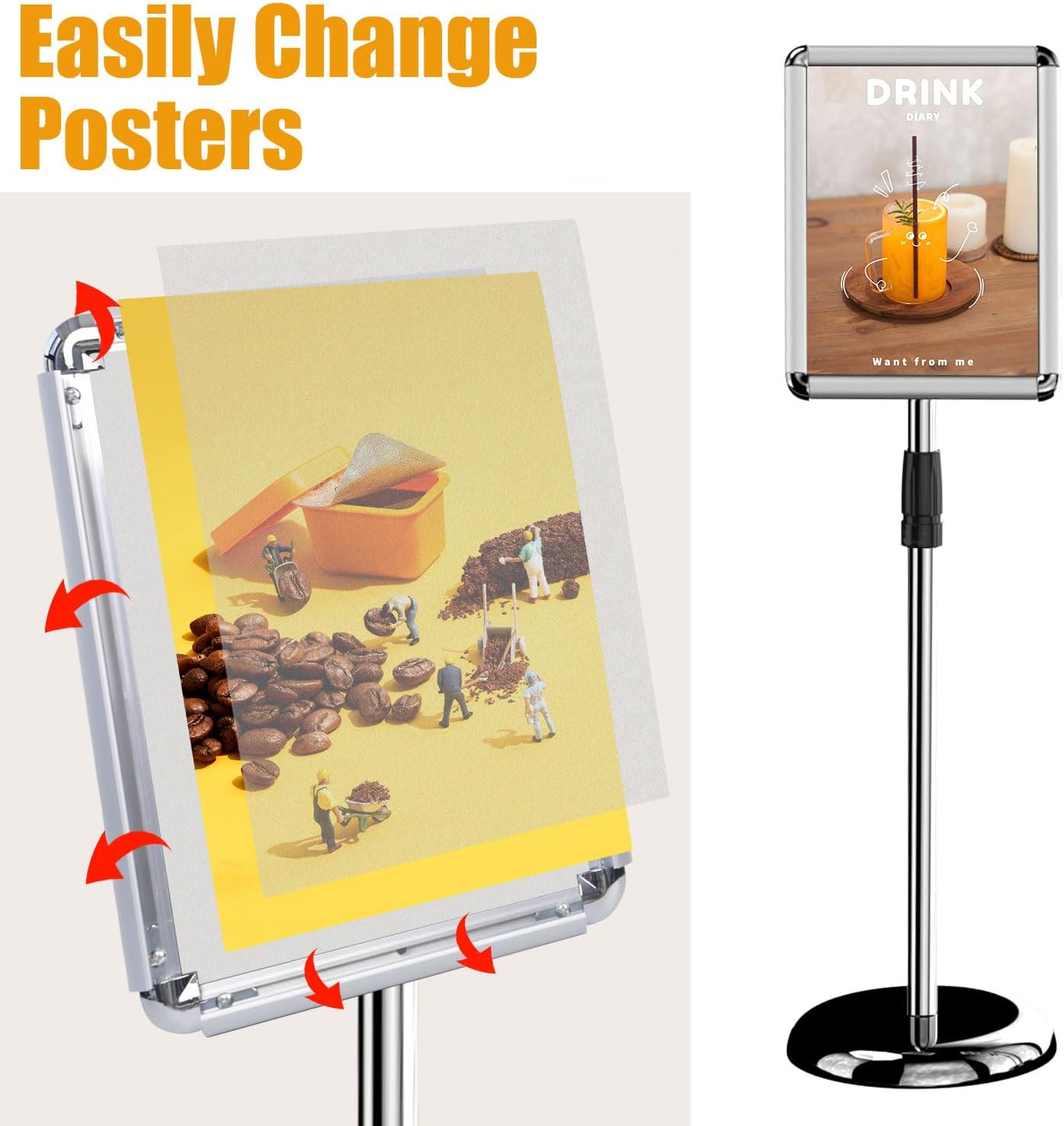 Sign Holder Poster Stand - 8.5 x 11 Inch Vertical & Horizontal Sign Stand Displayed Poster Holder - Round Corner sign holder for Display, Advertisement & Outdoor sign holder, Silver (1 Pack)