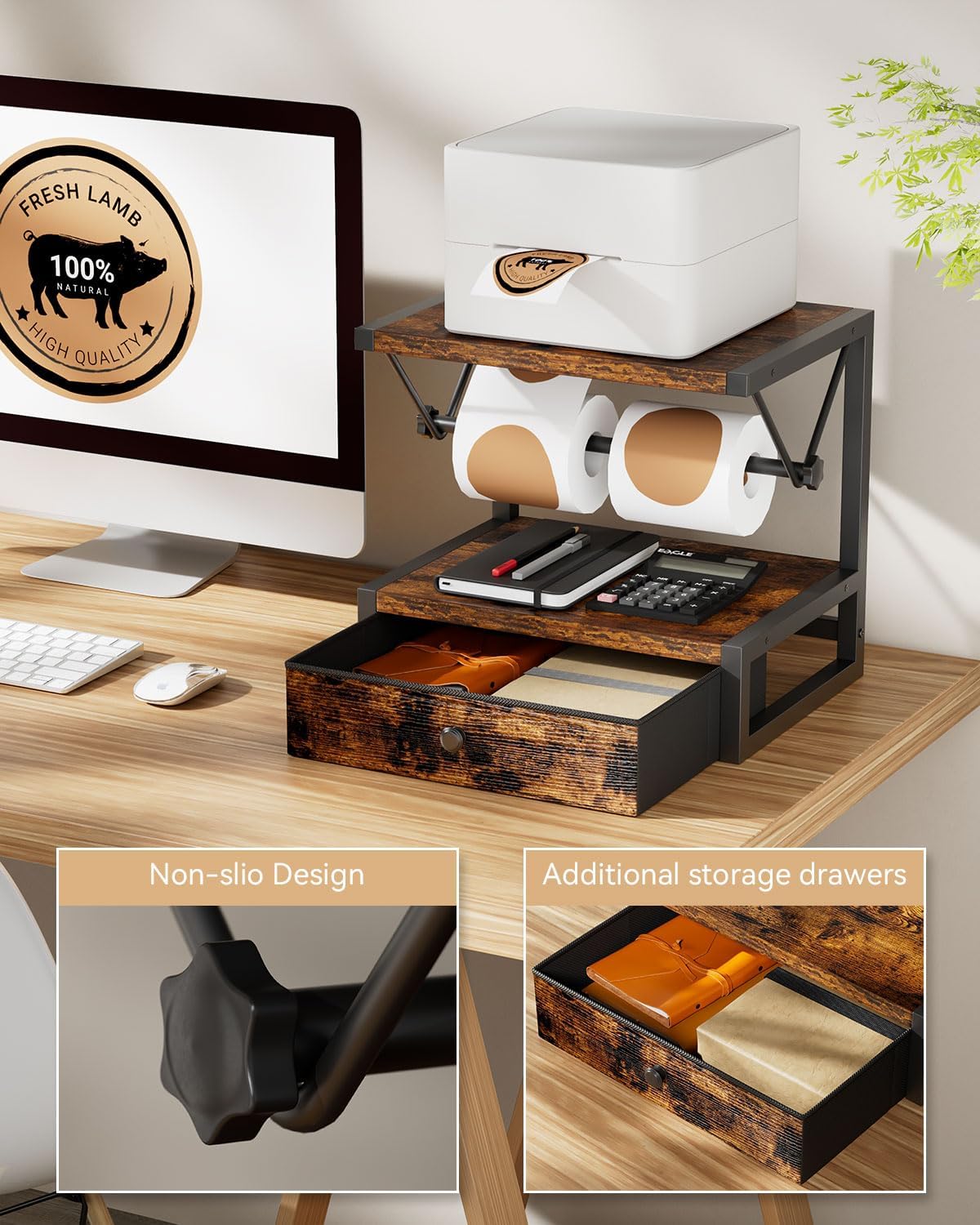 IBUYKE Label Holder for Rolls and Fan-Fold Labels,Wooden Thermal Shipping Label Stand with Drawer Desktop Printer Holder for Home, Office, Small Business,Brown TPS003H