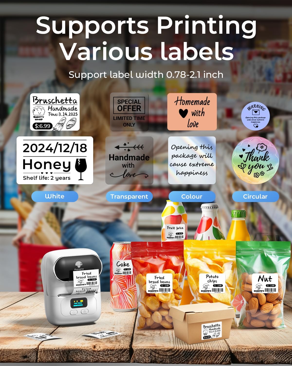 Phomemo Label Maker Machine- M110 Upgraded Bluetooth Label Printer for Barcode, Clothing, Jewelry, Retail, Mailing, Business, Compatible with Android & iOS, with 3 Label, White