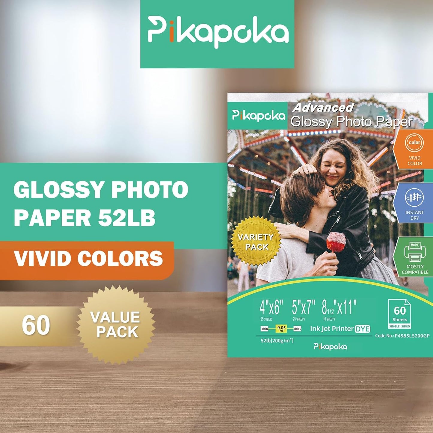 Glossy Photo Paper 4x6, 5x7, 8.5x11, 60 Variety Pack Bulk, Assorted Sizes, Inkjet printer, 52lb/200gsm