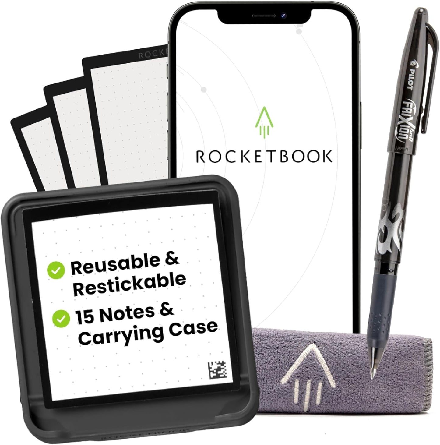 Rocketbook Reusable Sticky Notes Starter Pack with Storage Case, Pen, and Towel, 3"x3", 15 Black Notes - Dotted Paper, App-Connected, Erasable, Reusable Adhesive, Ideal for To-Do Lists