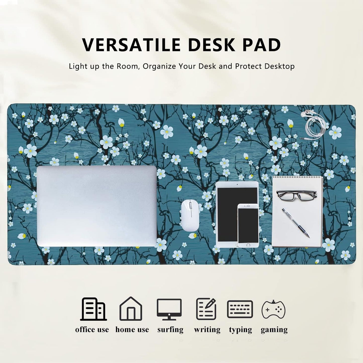 Japanese Cherry Blossom Extended Gaming Mouse Pad Large Desk Mat with Non-Slip Rubber Base and Stitched Edges,Keyboard Mouse Mat Desk Pad for Work,Game,Office,Home 35.4 * 15.7 Inch