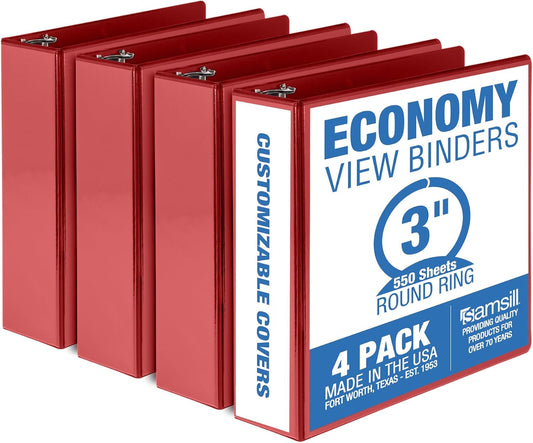 Samsill 3 Inch 3 Ring Binders, Made in USA, Economy Round Ring, Clear View Cover, 550 Sheet Capacity - for School, Home, Office - Red, 4 Pack