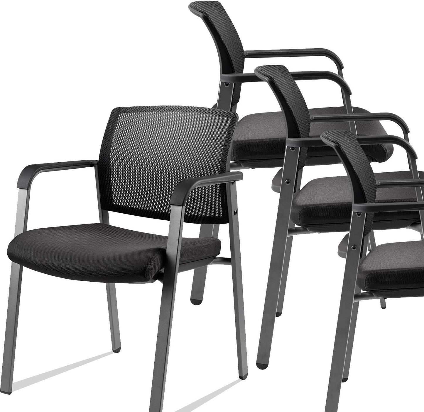 CLATINA Mesh Back Stacking Arm Chairs with Upholstered Fabric Seat and Ergonomic Lumber Support for Office School Church Guest Reception Black 4 Pack Set New Version