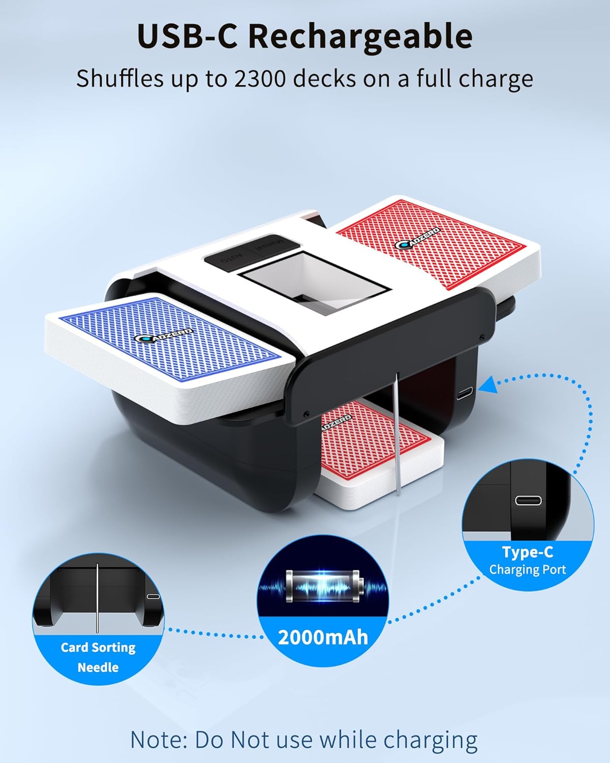 ADZERD Automatic Card Shuffler for 1-2 Decks with Dual Auto/Manual Modes, USB-C Rechargeable, Quiet Operation, Compatible with UNO, Poker, Mahjong, Bridge, Rummy, Skip-Bo, Phase 10 & More