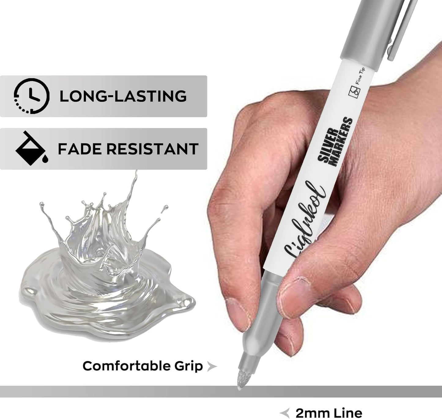 Silver Metallic Markers Pens Bulk of 24 Pack, 2mm Felt Fine Tip for Art, Crafts, Drawing, DIY Projects, Office Supplies, Gift Card Making