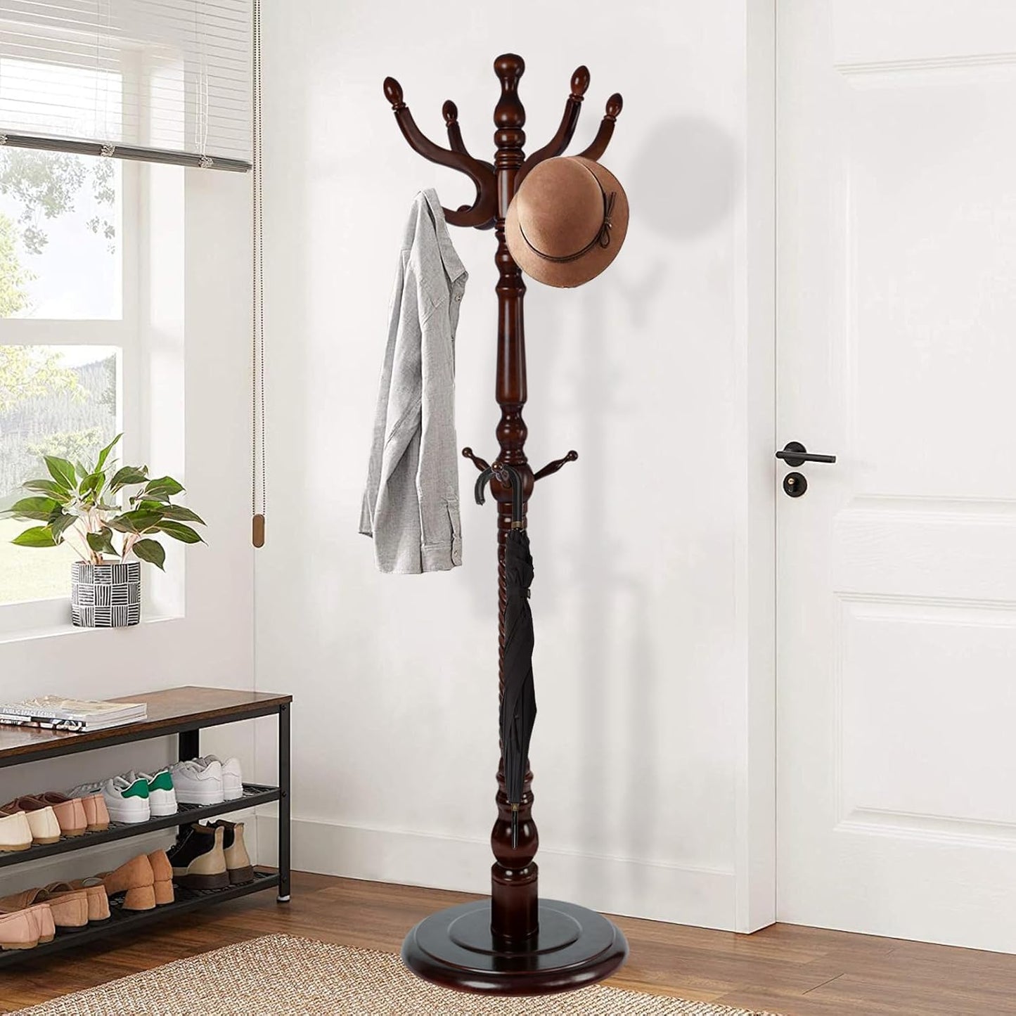 Wooden Coat Rack Freestanding, Vintage Coat Racks with Sturdy Round Base, Adjustable Height 37.40"-72.83" Entrance Coat Rack for Bedroom Living Room Entryway (Vintage Circular)