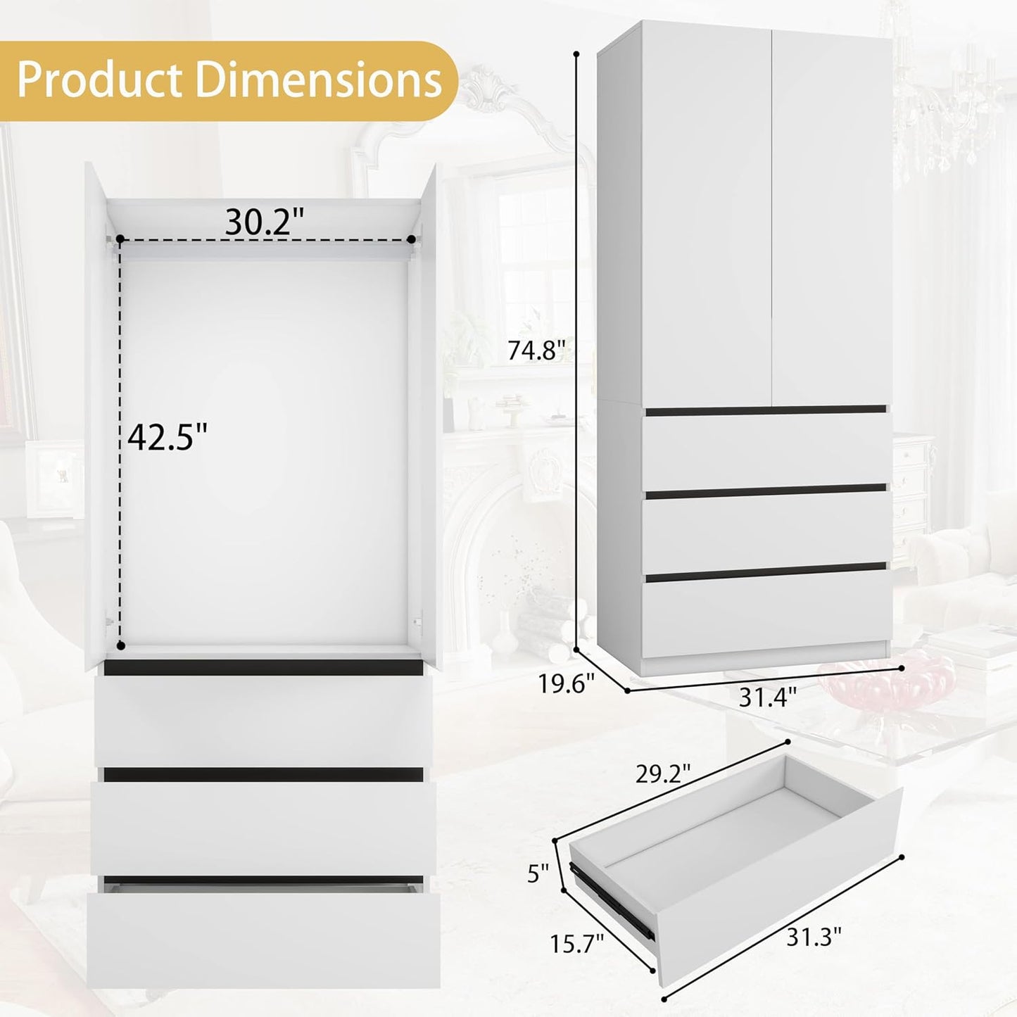 Bedroom Armoire Wardrobe Closet with 6 Drawers: White Wardrobe Closet with 4 Doors, Modern Cabinet for Clothes with Shelves, Wooden Armoire for Hanging Clothes (Modern, 2)