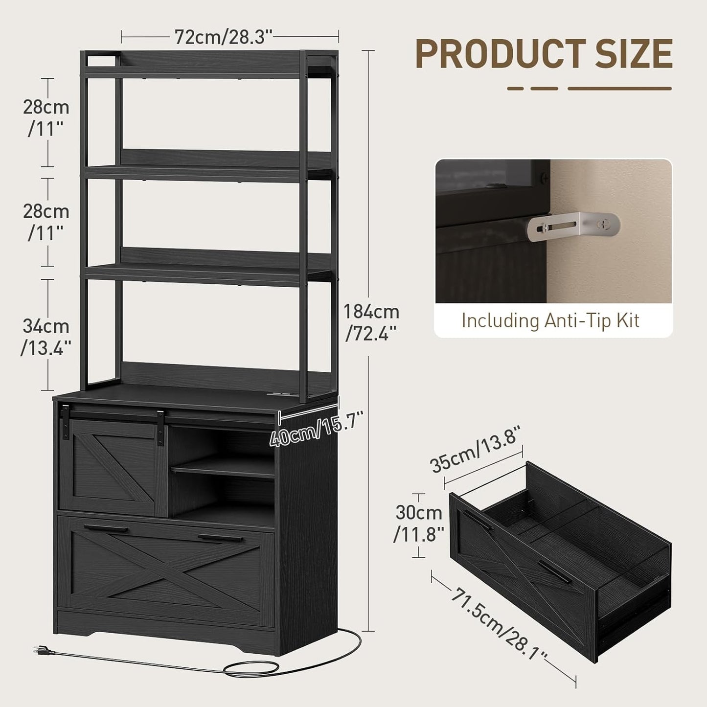 File Cabinet with Charging Station, Vertical Filing Cabinet with Shelves, Black File Cabinet for Home Office, Printer Stand with Open Storage Shelves & Barn Doors, Fits A4/Letter Files