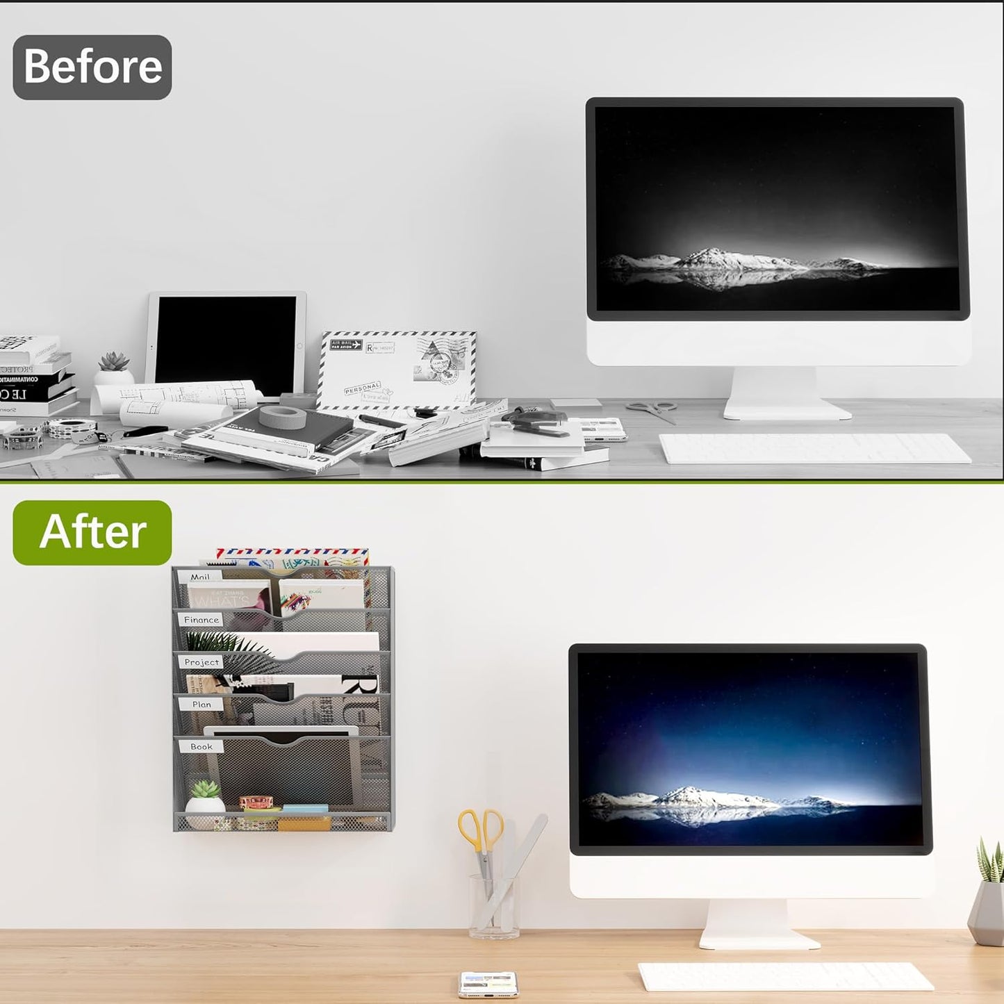 EasyPAG 5-Tier Wall File Holder, Mesh Hanging Folder Organizer with Classify Label, Versatile Desk File Organizer for Office Home, Vertical Wall Mounted Mail Sorter, Sides Closed, Silver