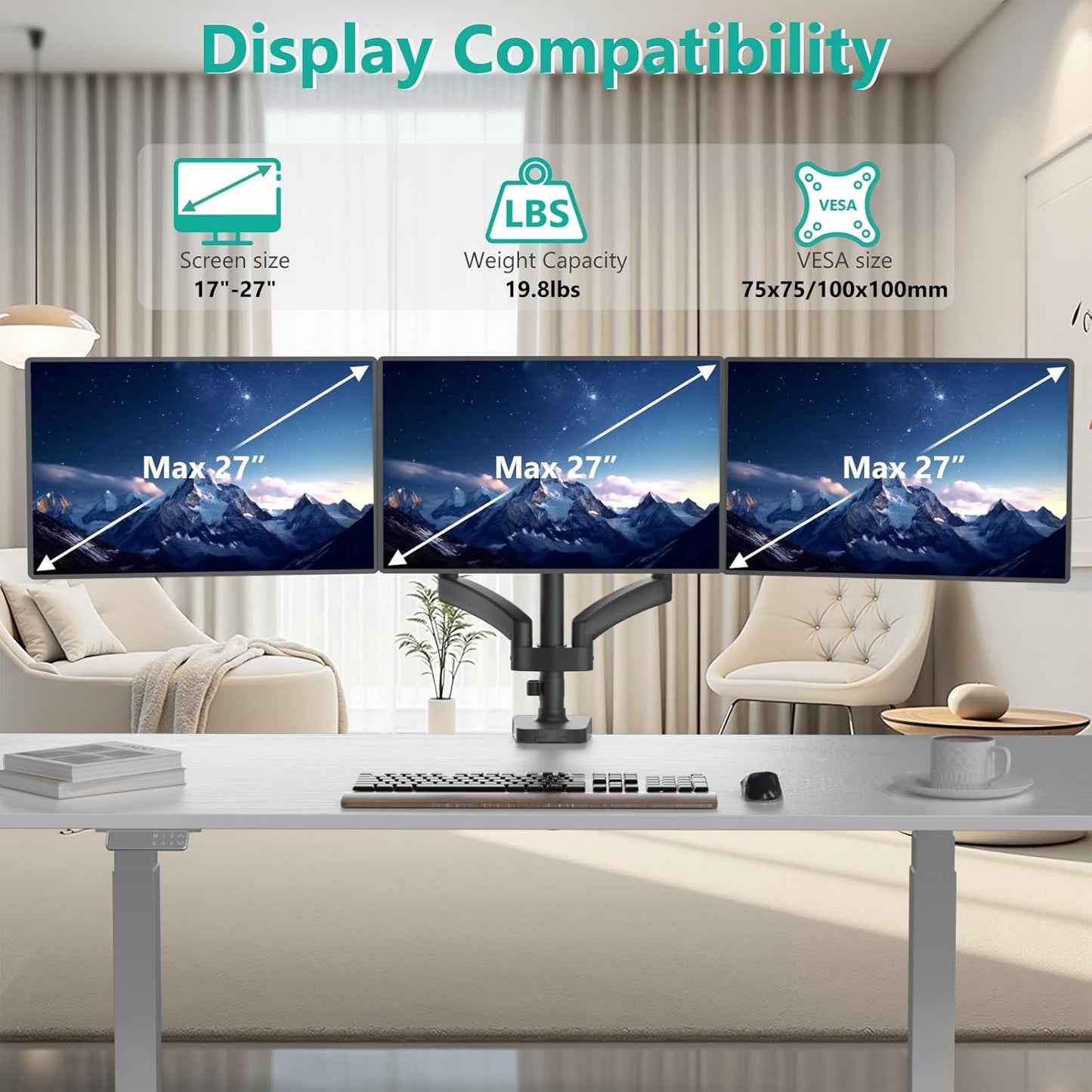 WALI Triple Monitor Mount, 3 Monitor Desk Mount with Premium Gas Spring Arm for Screens up to 27 inch, Multiple Monitors Stand with Tilt, Swivel, Rotation, Mounting Holes 75/100 mm, Black