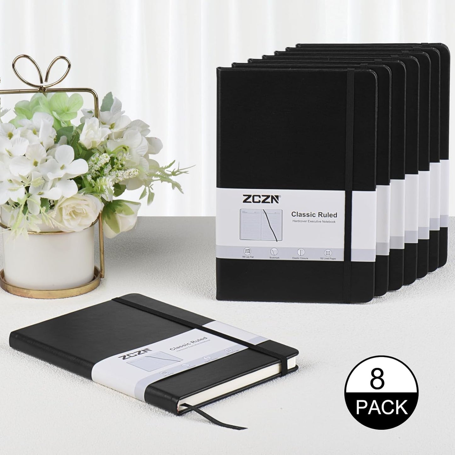 ZCZN 8 Pack Hardcover Journal Notebooks, 5.5"x8.3", Hardcover, Black, A5 Lined Journals for Notes-taking,Writing,Diary, Ruled Journaling Notebooks for Work School Travel Home