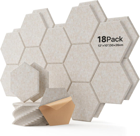 Soundsbay Acoustic Panels, 18 Pack Hexagon Soundproof Wall Panels High Density Sound Absorbing Panel, Sound Proof Foam Panels for Walls, Office, Reccording Studio, Ceiling 12" X 10" X 0.4", Beige